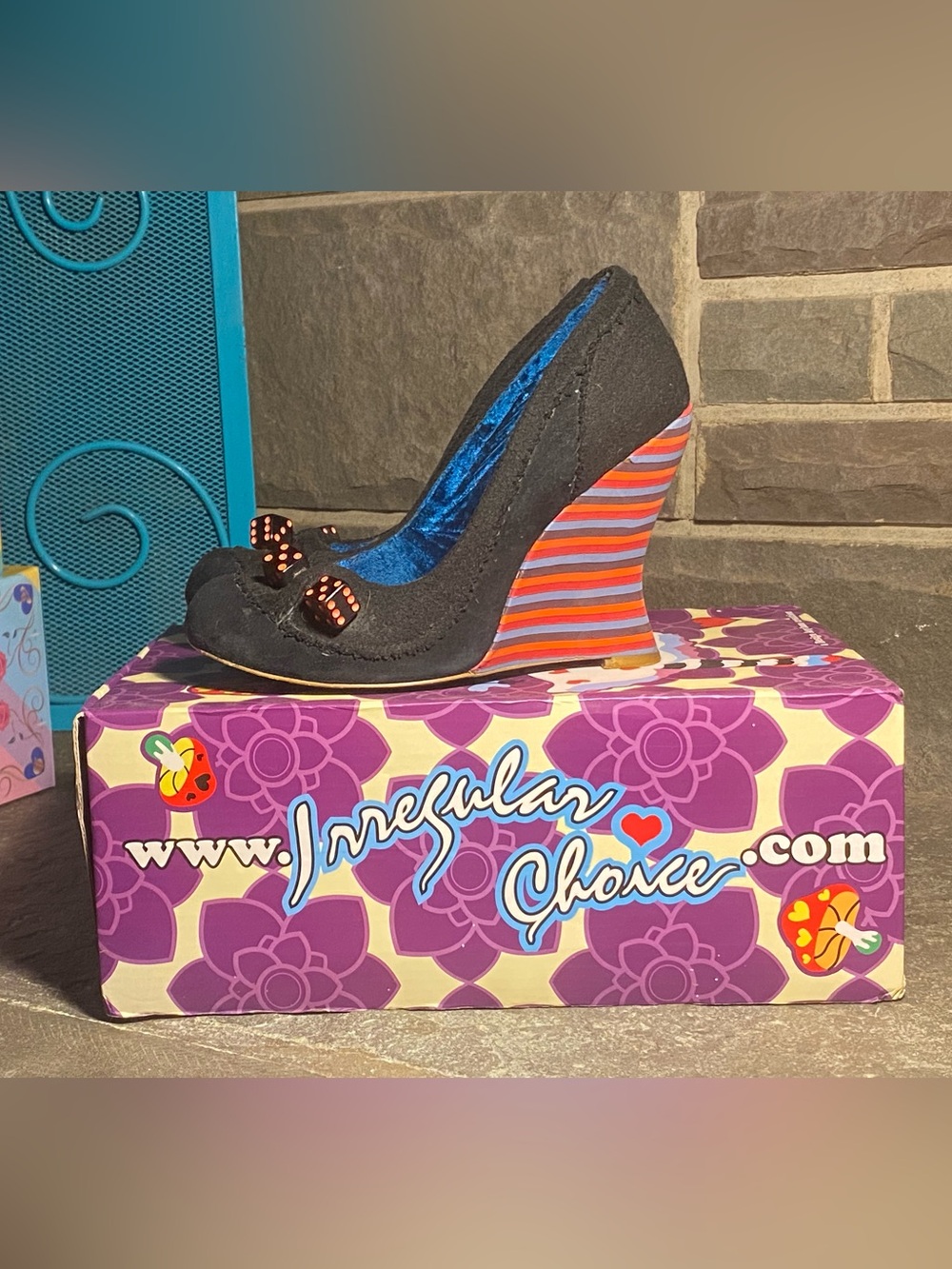 Irregular Choice Mighty Monster pumps black,rainbow wedge,real dice accents,8